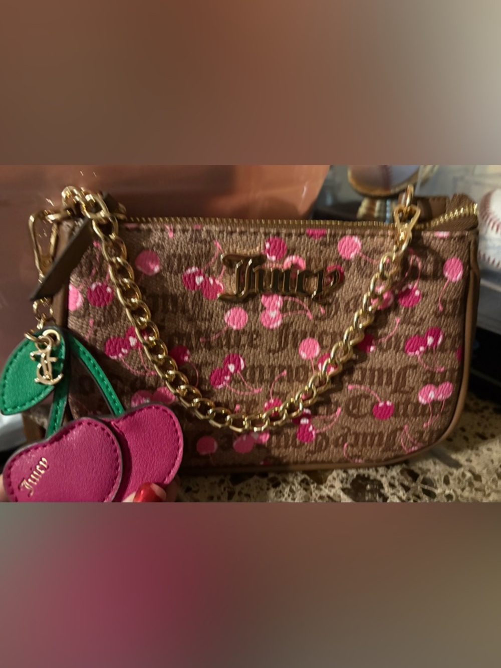 Juicy Couture Brown Cherry Small Shoulder Bag with Pink Accents and Gold Chain